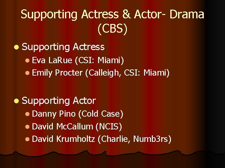 Supporting Actress & Actor- Drama (CBS) l Supporting Actress l Eva La. Rue (CSI: