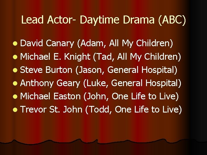 Lead Actor- Daytime Drama (ABC) l David Canary (Adam, All My Children) l Michael