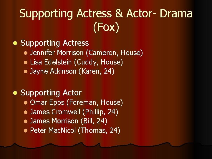 Supporting Actress & Actor- Drama (Fox) l Supporting Actress Jennifer Morrison (Cameron, House) l