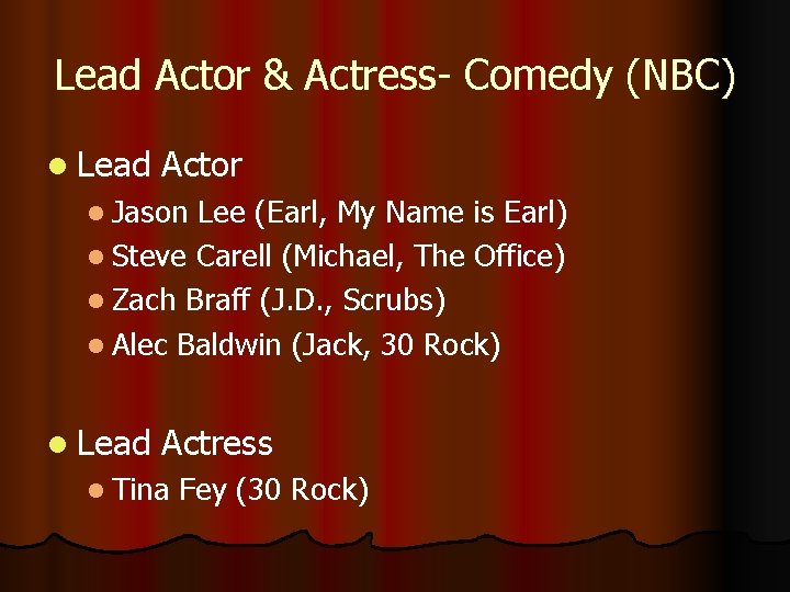 Lead Actor & Actress- Comedy (NBC) l Lead Actor l Jason Lee (Earl, My