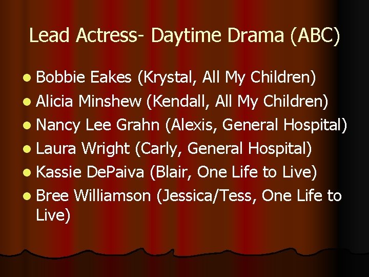 Lead Actress- Daytime Drama (ABC) l Bobbie Eakes (Krystal, All My Children) l Alicia