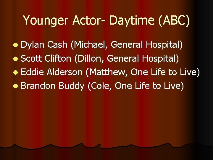 Younger Actor- Daytime (ABC) l Dylan Cash (Michael, General Hospital) l Scott Clifton (Dillon,