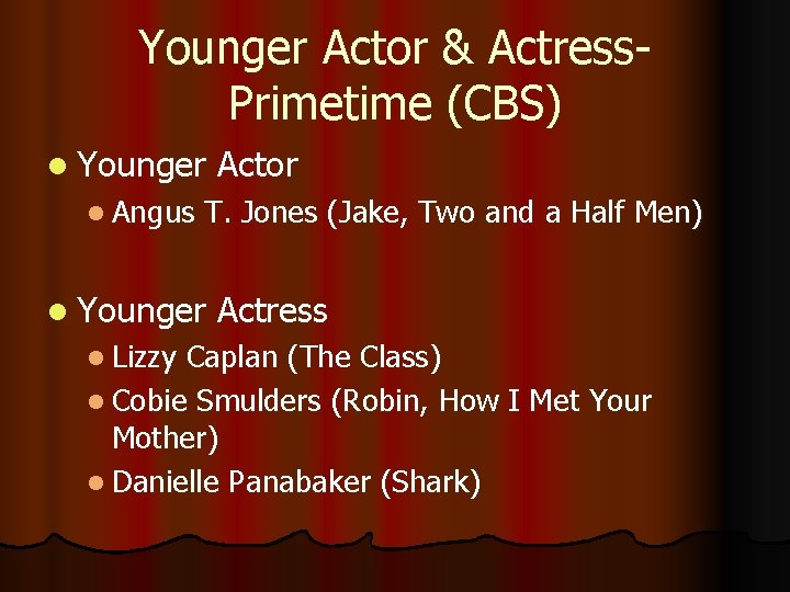 Younger Actor & Actress. Primetime (CBS) l Younger l Angus T. Jones (Jake, Two