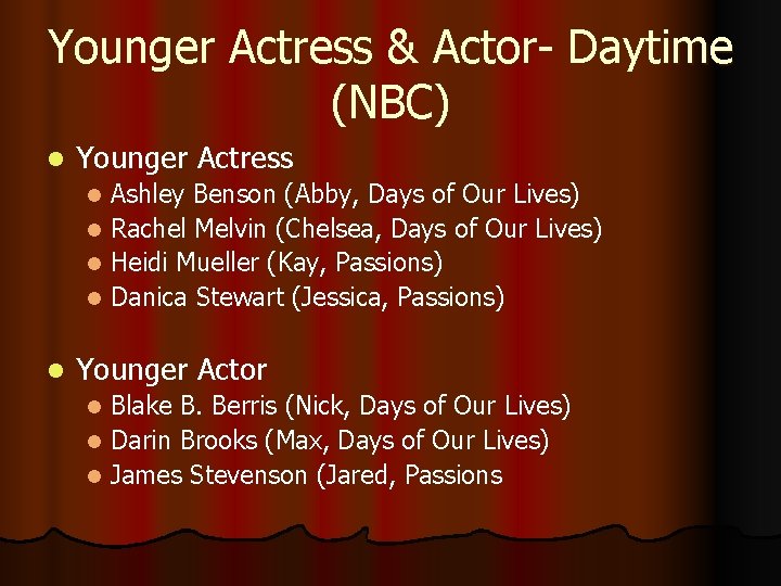 Younger Actress & Actor- Daytime (NBC) l Younger Actress Ashley Benson (Abby, Days of