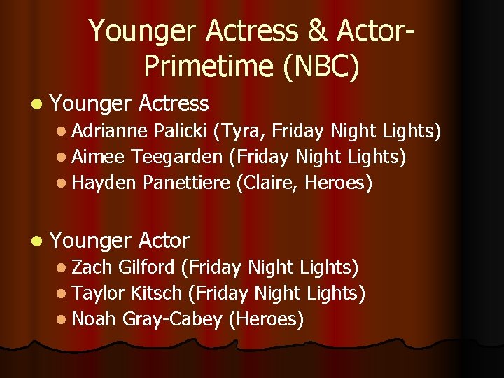 Younger Actress & Actor. Primetime (NBC) l Younger Actress l Adrianne Palicki (Tyra, Friday