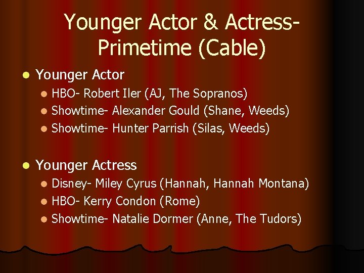 Younger Actor & Actress. Primetime (Cable) l Younger Actor HBO- Robert Iler (AJ, The