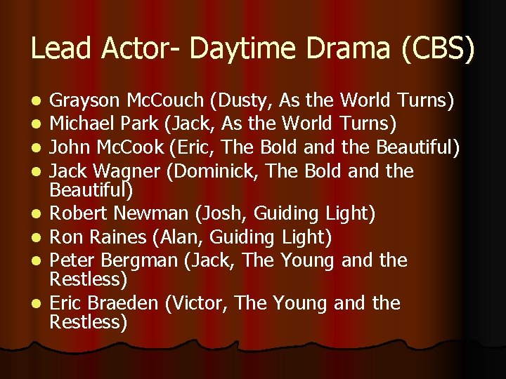 Lead Actor- Daytime Drama (CBS) l l l l Grayson Mc. Couch (Dusty, As