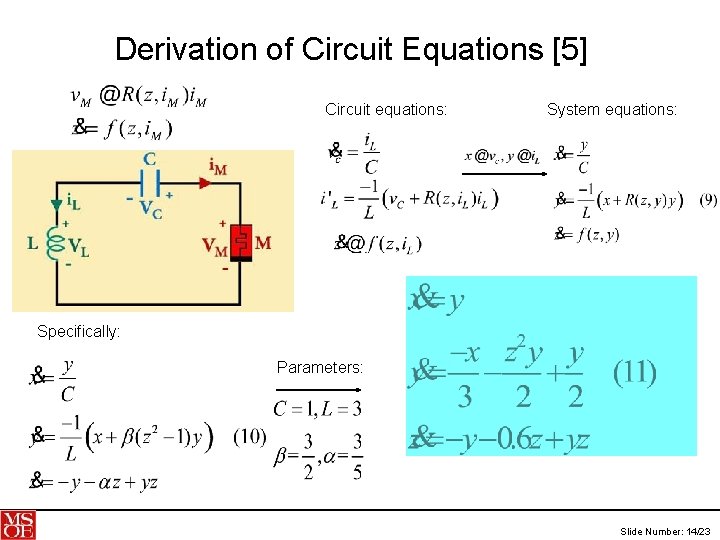 Derivation of Circuit Equations [5] Circuit equations: System equations: Specifically: Parameters: Slide Number: 14/23