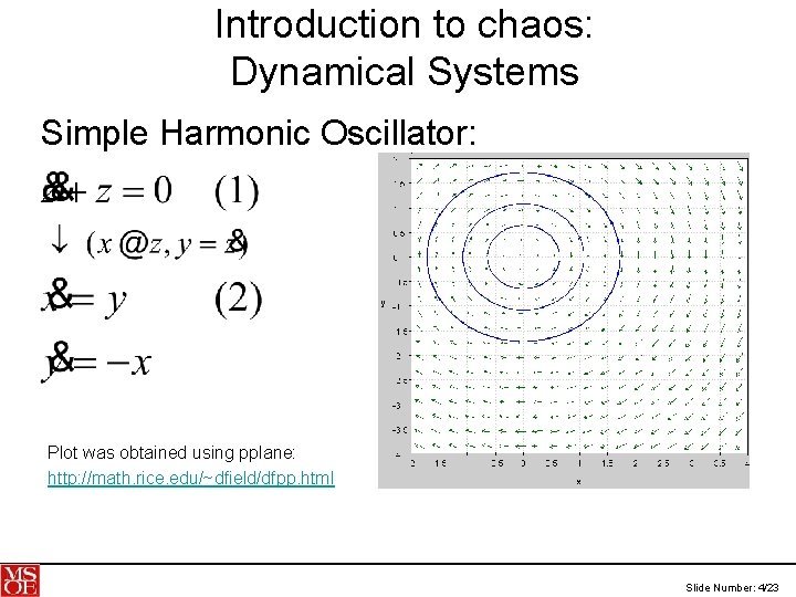 Introduction to chaos: Dynamical Systems Simple Harmonic Oscillator: Plot was obtained using pplane: http: