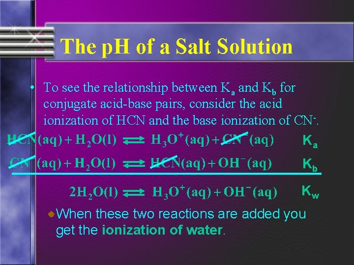 The p. H of a Salt Solution • To see the relationship between Ka