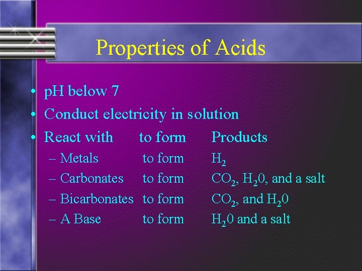 Properties of Acids • p. H below 7 • Conduct electricity in solution •