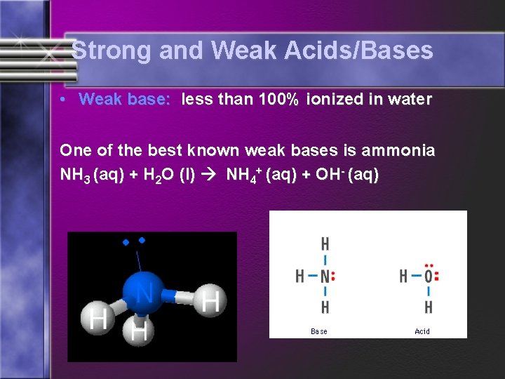 Strong and Weak Acids/Bases • Weak base: less than 100% ionized in water One