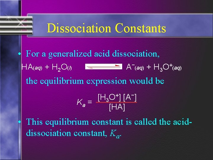 Dissociation Constants • For a generalized acid dissociation, HA(aq) + H 2 O(l) A−(aq)