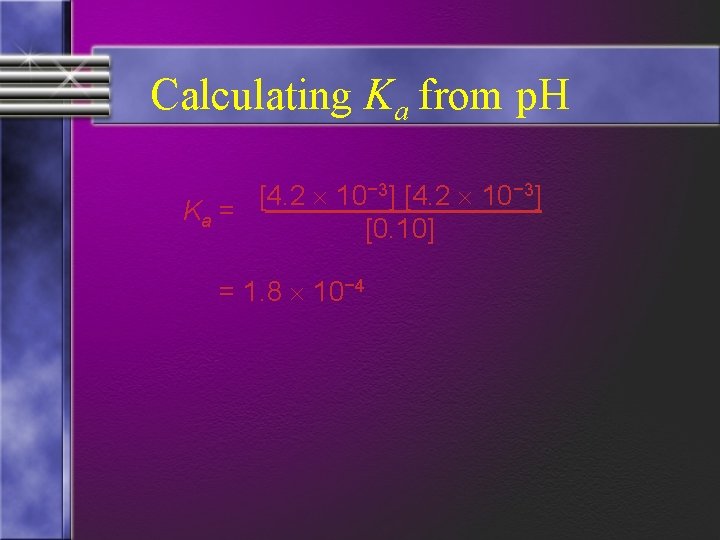 Calculating Ka from p. H [4. 2 10− 3] Ka = [0. 10] =