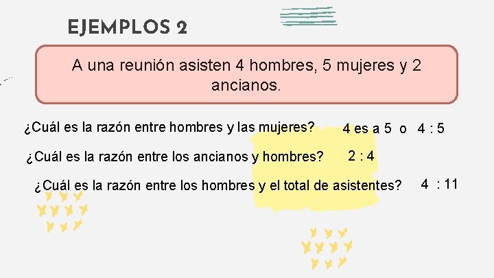 EJEMPLOS 2 A una reunión asisten 4 hombres, 5 mujeres y 2 ancianos. ¿Cuál