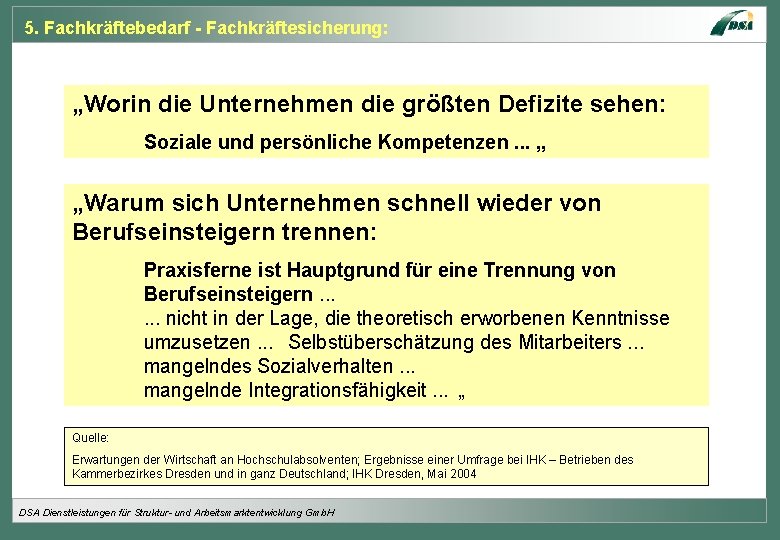 5. Fachkräftebedarf - Fachkräftesicherung: „Worin die Unternehmen die größten Defizite sehen: Soziale und persönliche