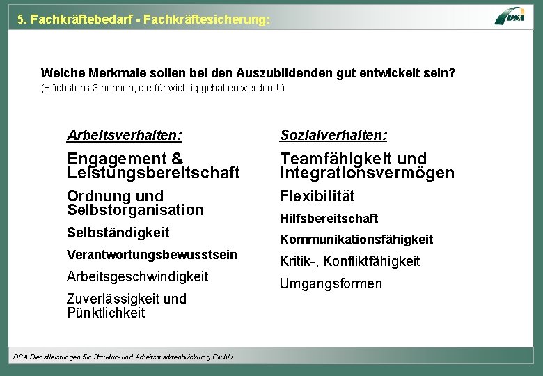 5. Fachkräftebedarf - Fachkräftesicherung: Welche Merkmale sollen bei den Auszubildenden gut entwickelt sein? (Höchstens