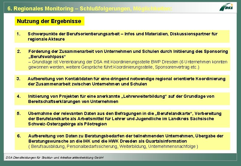 6. Regionales Monitoring – Schlußfolgerungen, Möglichkeiten: Nutzung der Ergebnisse 1. Schwerpunkte der Berufsorientierungsarbeit –