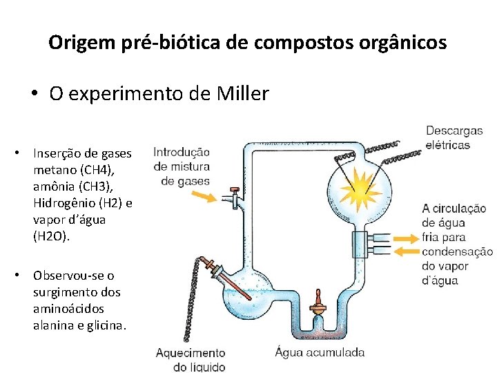 Origem pré-biótica de compostos orgânicos • O experimento de Miller • Inserção de gases