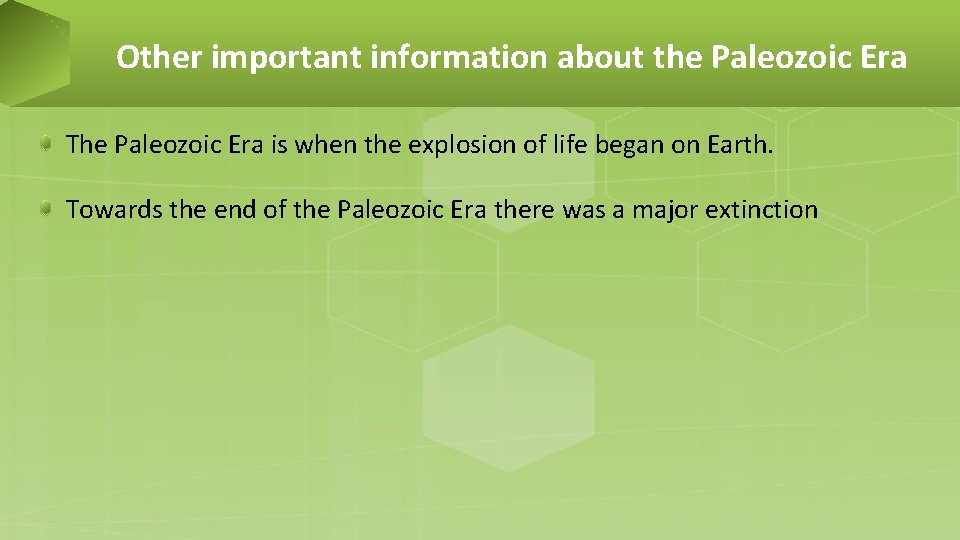 Other important information about the Paleozoic Era The Paleozoic Era is when the explosion