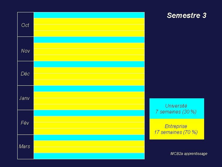 Semestre 3 Oct Nov Déc Janv Université 7 semaines (30 %) Fév Entreprise 17