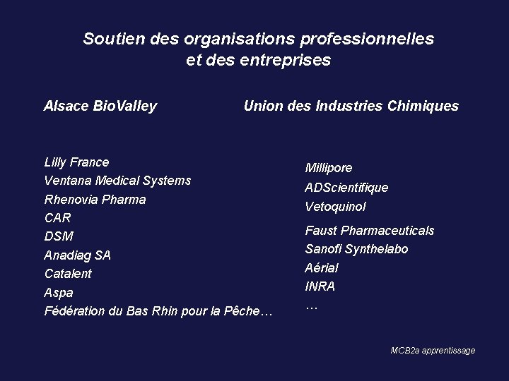 Soutien des organisations professionnelles et des entreprises Alsace Bio. Valley Union des Industries Chimiques