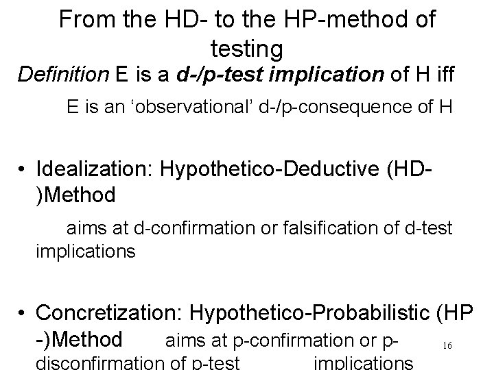 From the HD- to the HP-method of testing Definition E is a d-/p-test implication
