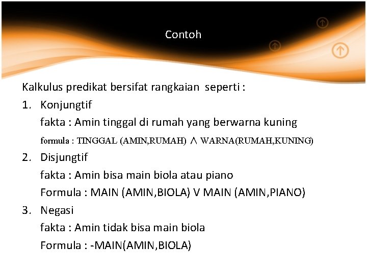 Contoh Kalkulus predikat bersifat rangkaian seperti : 1. Konjungtif fakta : Amin tinggal di