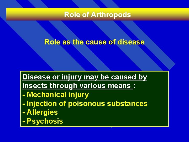 Role of Arthropods Role as the cause of disease Disease or injury may be