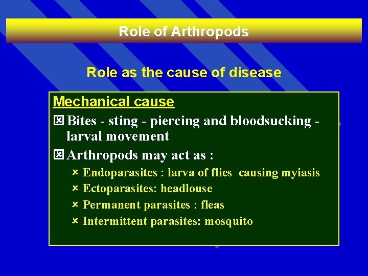 Role of Arthropods Role as the cause of disease Mechanical cause ý Bites -