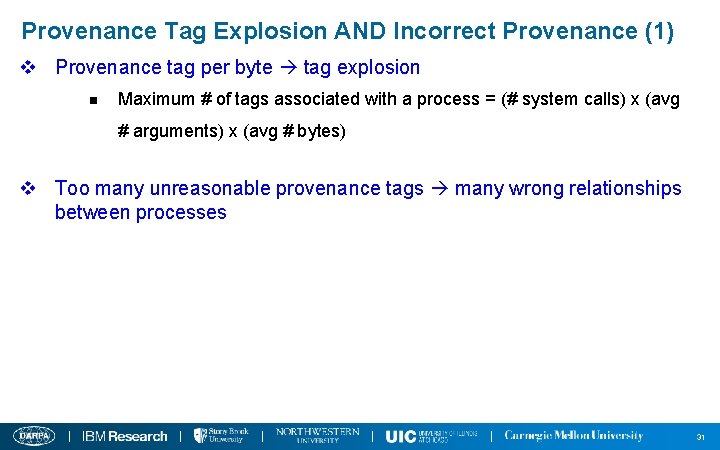 Provenance Tag Explosion AND Incorrect Provenance (1) v Provenance tag per byte tag explosion