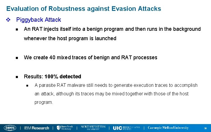 Evaluation of Robustness against Evasion Attacks v Piggyback Attack n An RAT injects itself