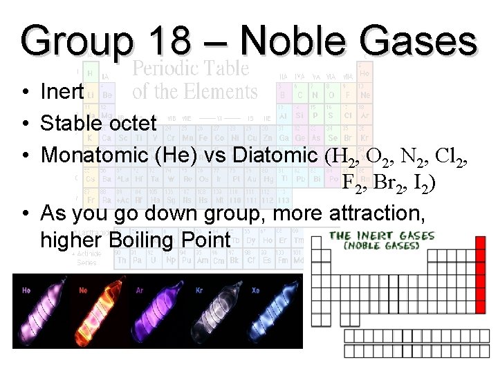 Group 18 – Noble Gases • Inert • Stable octet • Monatomic (He) vs