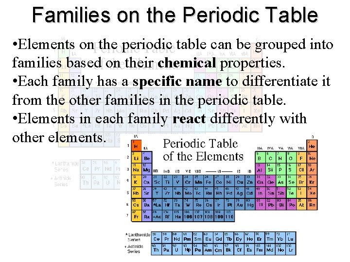 Families on the Periodic Table • Elements on the periodic table can be grouped