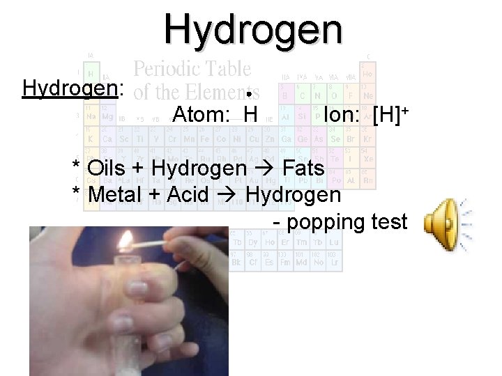 Hydrogen: Atom: H Ion: [H]+ * Oils + Hydrogen Fats * Metal + Acid