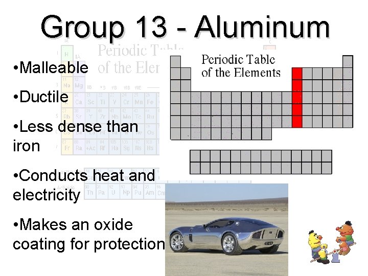 Group 13 - Aluminum • Malleable • Ductile • Less dense than iron •