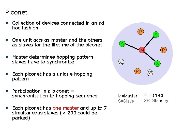 Piconet • Collection of devices connected in an ad hoc fashion • One unit