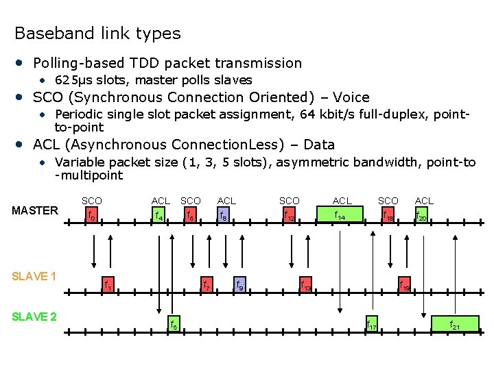 Baseband link types • Polling-based TDD packet transmission • 625µs slots, master polls slaves