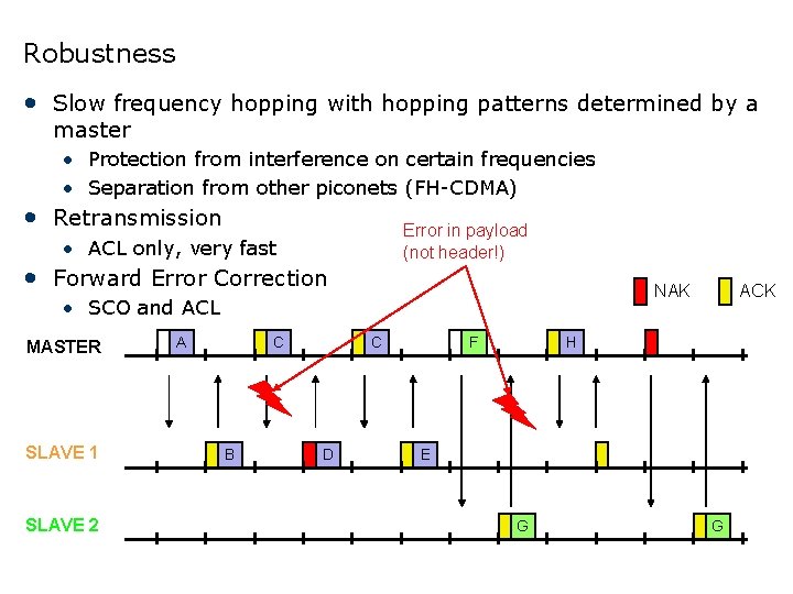 Robustness • Slow frequency hopping with hopping patterns determined by a master • Protection