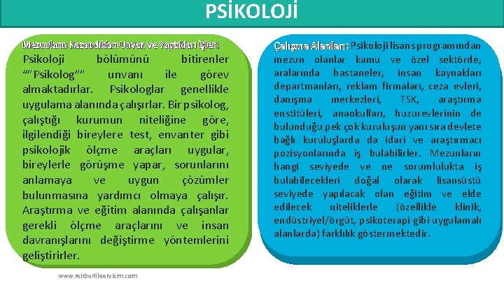 PSİKOLOJİ Mezunların Kazandıkları Unvan ve Yaptıkları İşler: Psikoloji bölümünü bitirenler “”Psikolog”” unvanı ile görev