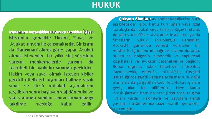 HUKUK Çalışma Alanları: Avukatlar kendilerine büro Mezunların Kazandıkları Unvan ve Yaptıkları İşler: Mezunlar, genelikle