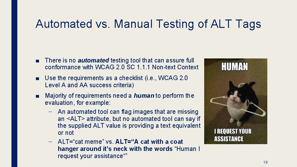 Automated vs. Manual Testing of ALT Tags ■ There is no automated testing tool