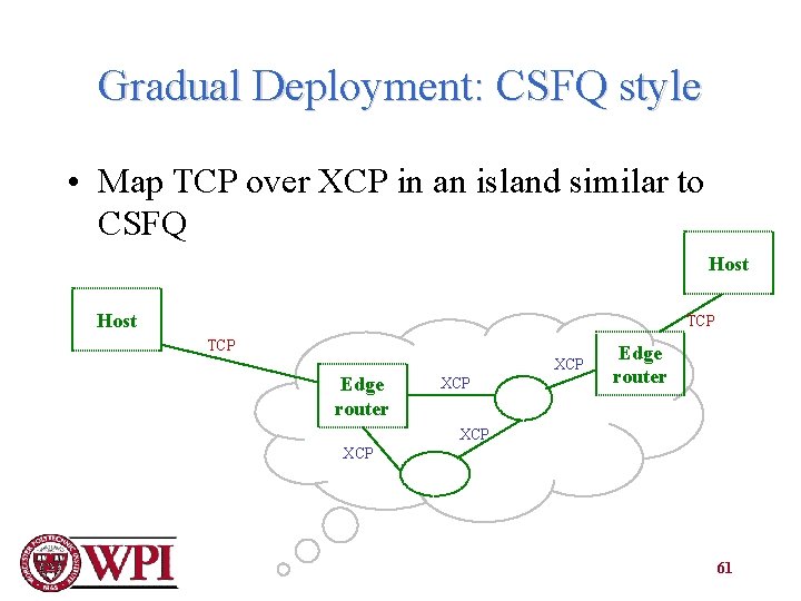 Gradual Deployment: CSFQ style • Map TCP over XCP in an island similar to