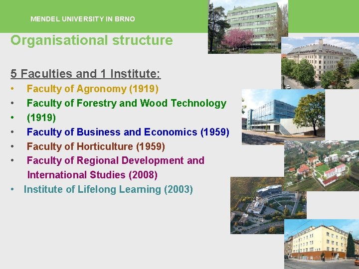 MENDEL UNIVERSITY IN BRNO Organisational structure 5 Faculties and 1 Institute: • • •