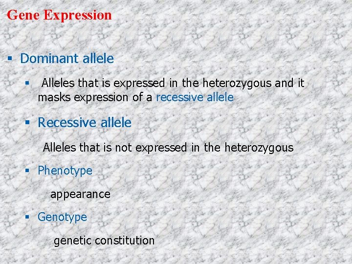 Gene Expression Dominant allele Alleles that is expressed in the heterozygous and it masks