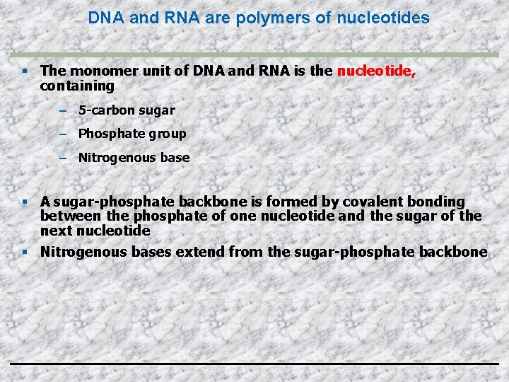 DNA and RNA are polymers of nucleotides The monomer unit of DNA and RNA