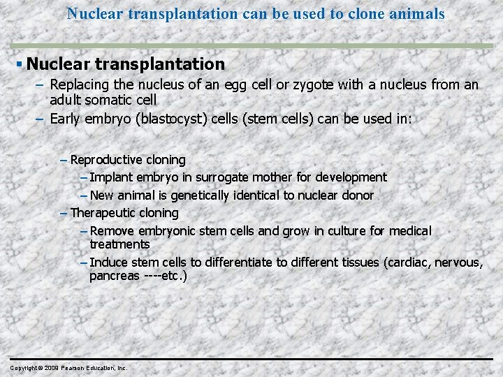 Nuclear transplantation can be used to clone animals Nuclear transplantation – Replacing the nucleus