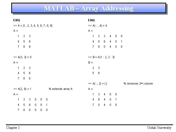 MATLAB – Array Addressing EX 5) EX 6) >> A = [1, 2, 3;