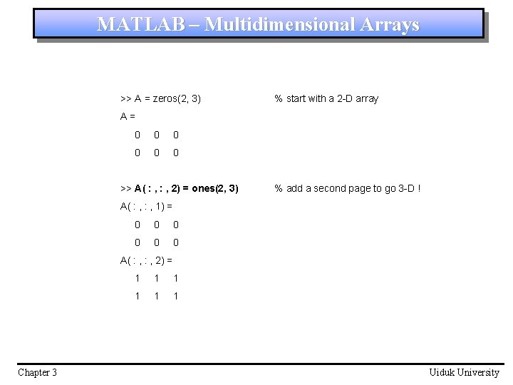 MATLAB – Multidimensional Arrays >> A = zeros(2, 3) % start with a 2