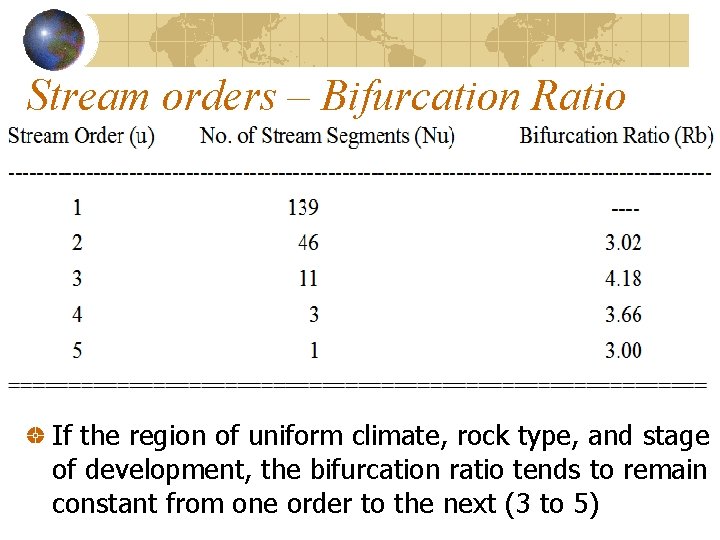 Stream orders – Bifurcation Ratio If the region of uniform climate, rock type, and Stream orders – Bifurcation Ratio If the region of uniform climate, rock type, and